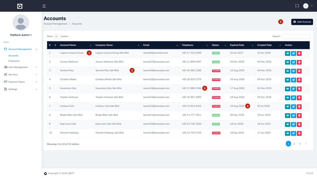 QBot platform console listing tenant accounts
