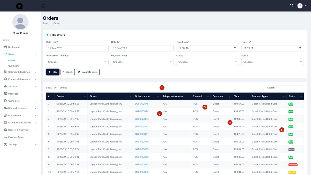 QBot orders table with server-side filters