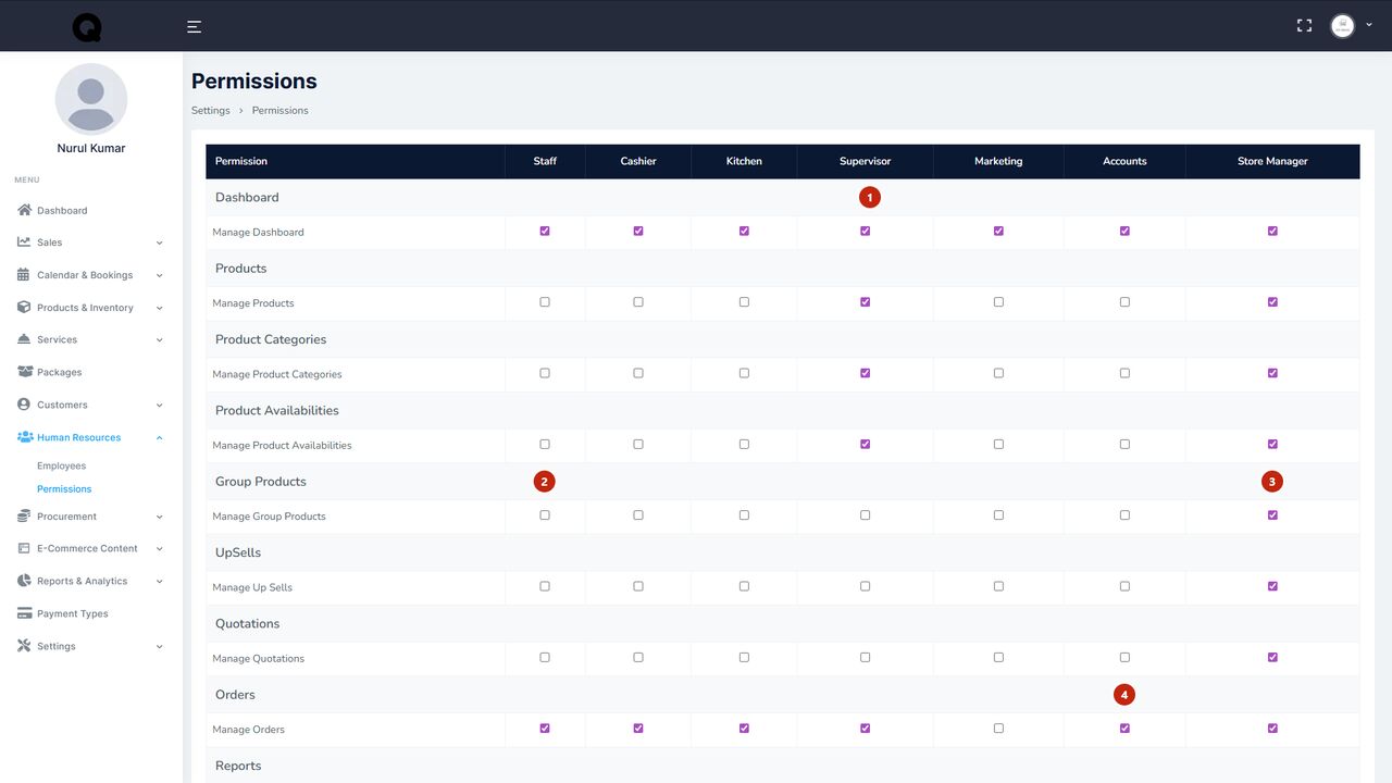 QBot per-tenant role and permission grid
