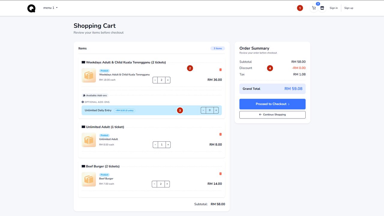 QBot storefront cart with add-ons and tax
