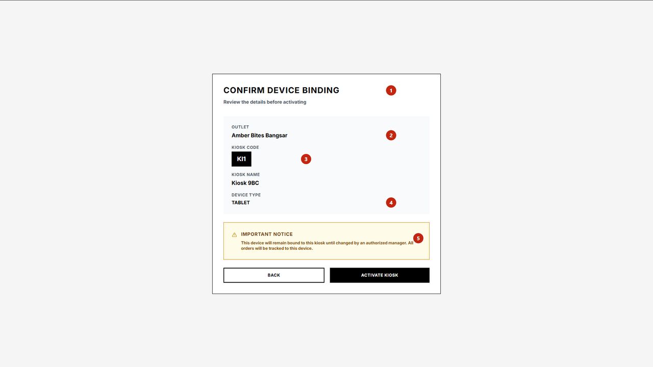QBotu kiosk device binding screen
