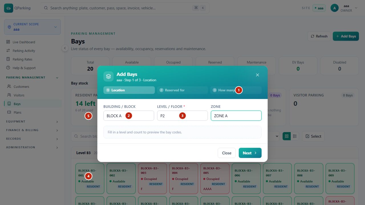 QParking bay management with add-bays wizard