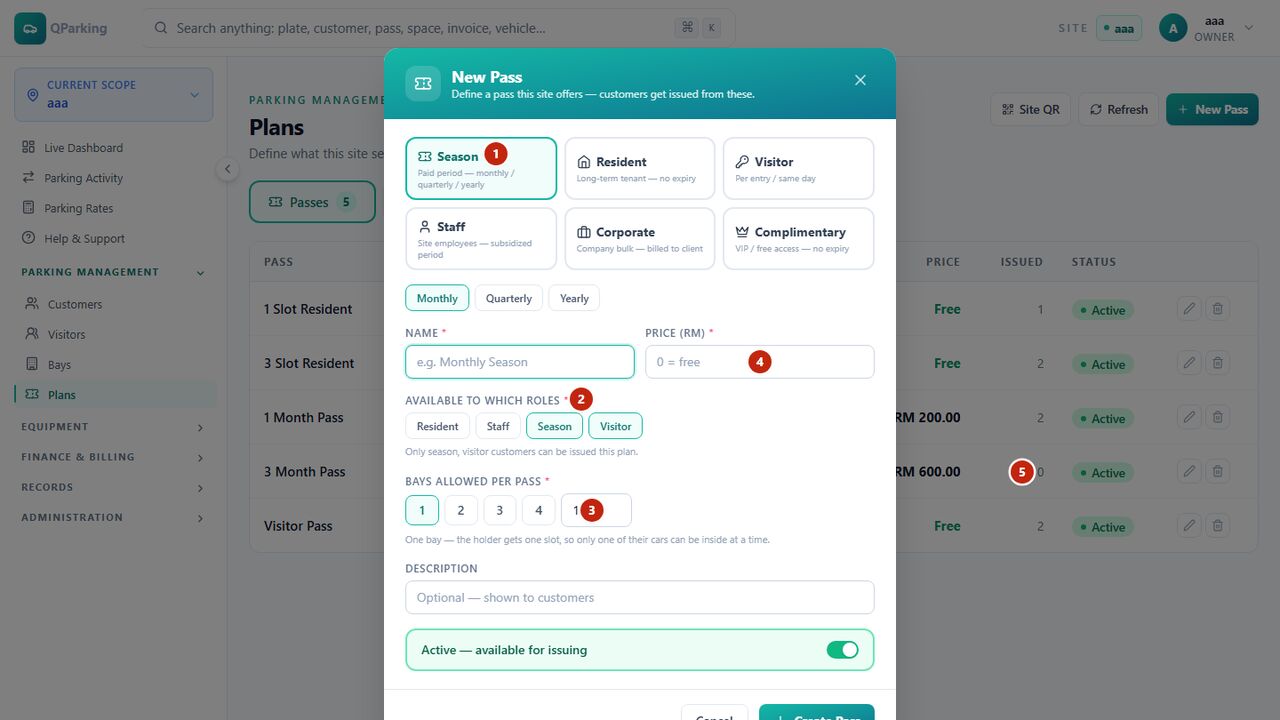 QParking pass plan configuration